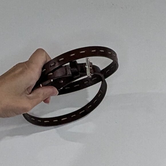 *3/$10* Pleather Skinny Belt with Stitching Brown Beige - Picture 1 of 3